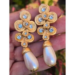 Vintage ETRUSCAN SIGNED Lazuli Baroque Clip On Dangle Earrings Gilt Gold Pearls